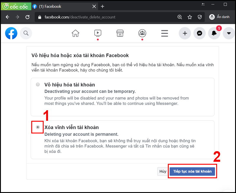 cách xóa tài khoản Facebook trên máy tính 4