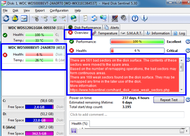 Phần mềm check bad sector ổ cứng Hard disk Sentinel