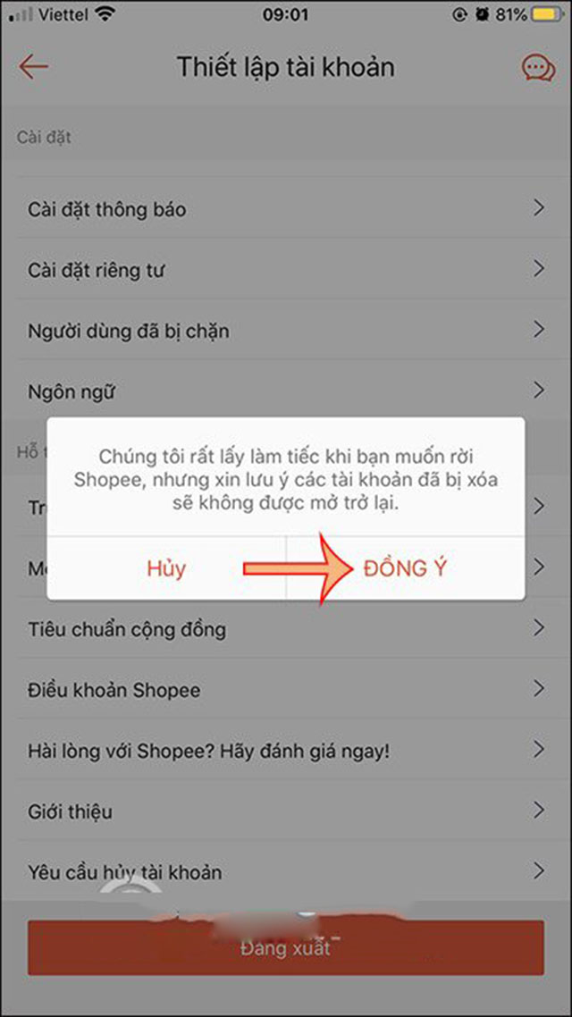 Cách xóa tài khoản shopee bước 4