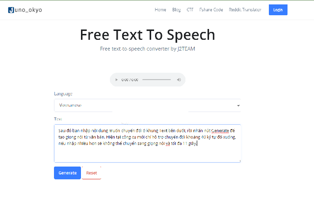 Phần mềm chuyển văn bản thành giọng nói Free Text To Speech J2TEAMcủa J2Team.dev 