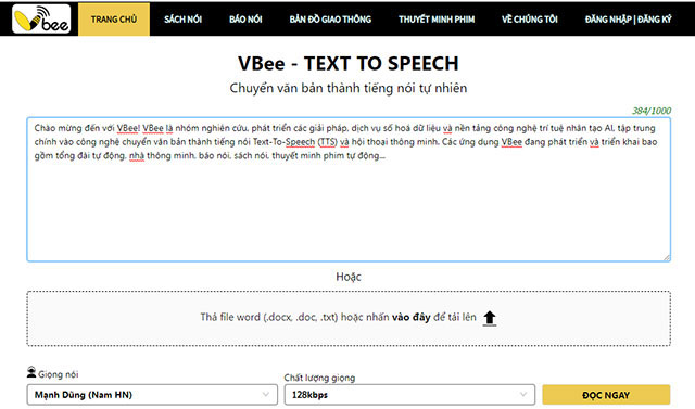 Phần mềm chuyển văn bản thành giọng nói Vbee