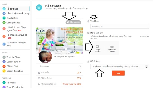 Các thông tin cần hoàn thành đầy đủ tại Thiết lập Shop