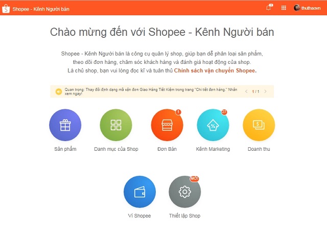 Giao diện cũ của kênh người bán trên Shopee