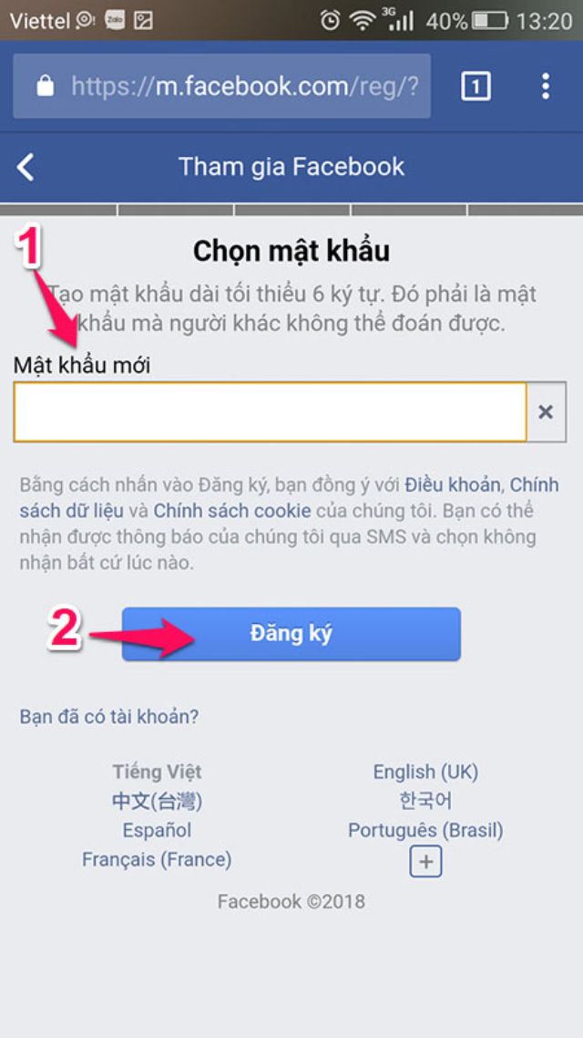 Cách tạo tài khoản Facebook trên điện thoại bước 3