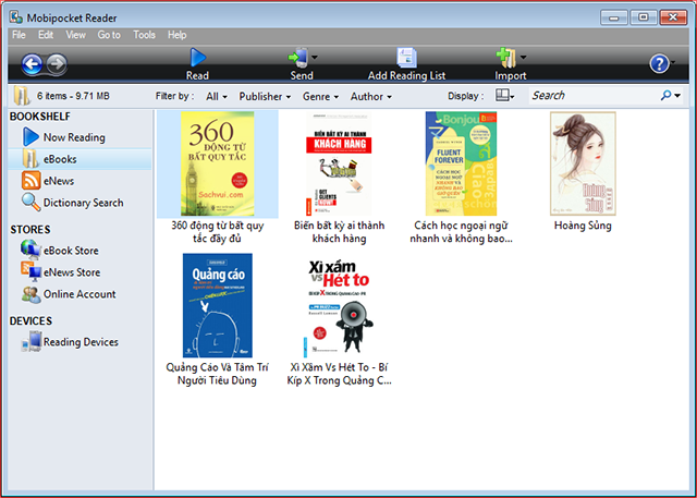 Giao diện của phần mềm Mobipocket Reader Desktop