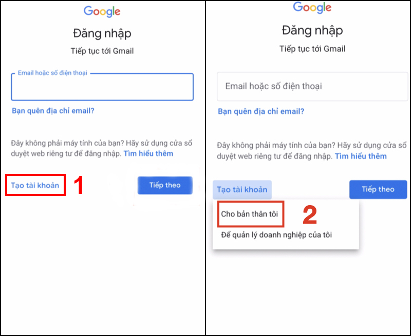 Cách tạo tài khoản Google trên điện thoại bước 2