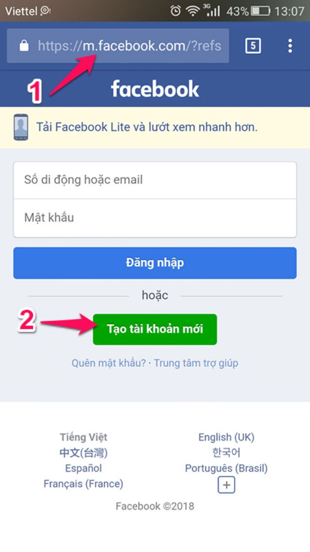 Cách tạo tài khoản Facebook trên điện thoại bước 1