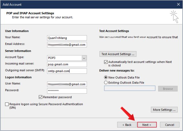 thêm tài khoản Gmail vào Outlook bằng POP 10