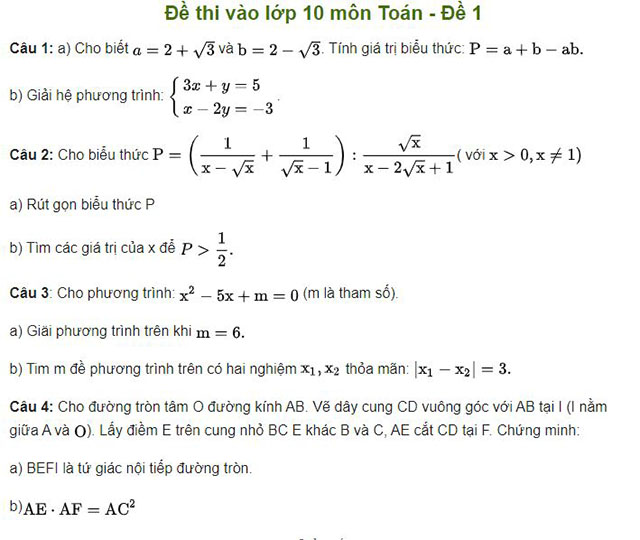 Đề thi toán vào lớp 10 - Đề 1