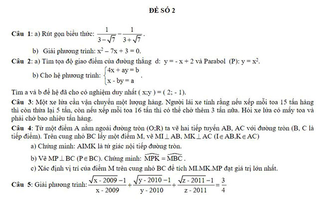 Đề thi toán vào lớp 10 - Đề 2