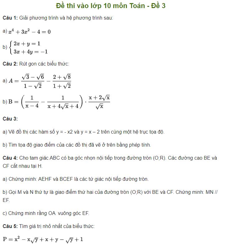 Đề thi toán vào lớp 10 - Đề 3