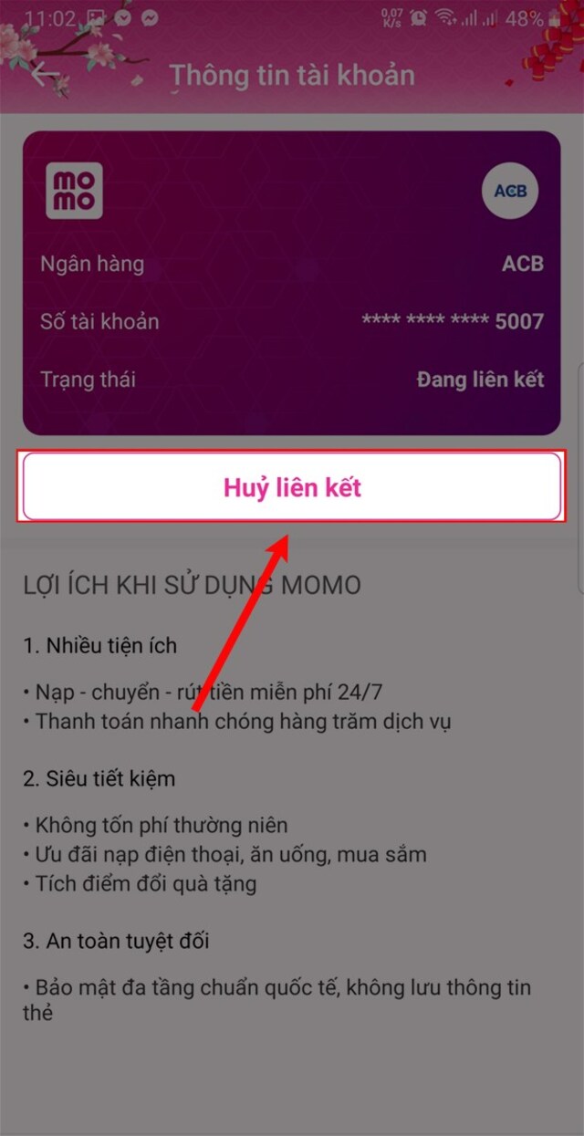 Cách xoá tài khoản ngân hàng đã liên kết với Momo 3