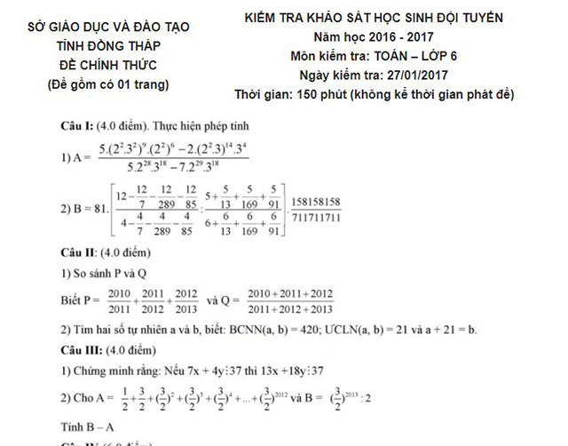 Đề thi khảo sát học sinh giỏi đội tuyển toán lớp 6 của tỉnh Đồng Tháp