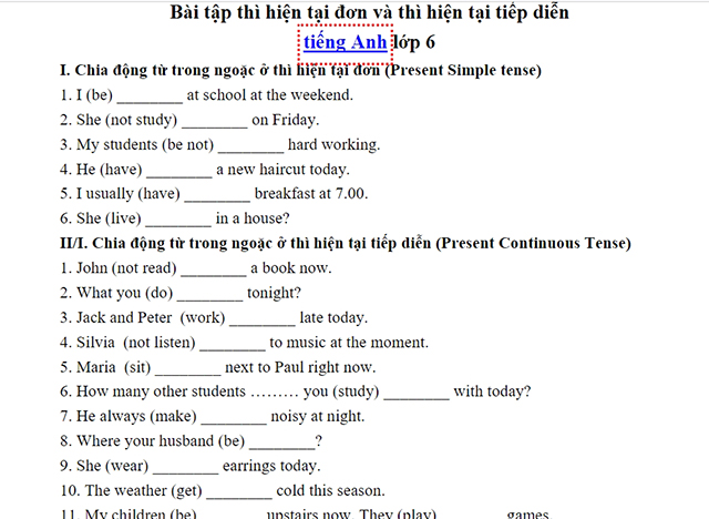 bài tập thì hiện tại đơn lớp 6-3