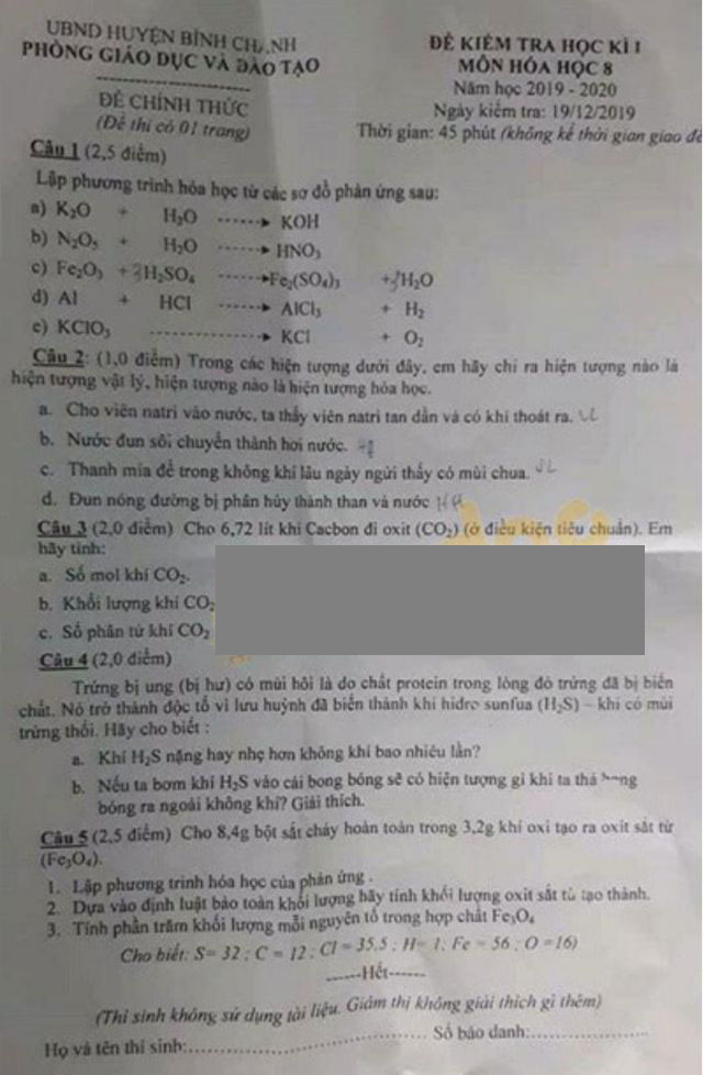 đề thi giữa kì 1 hóa 8-3