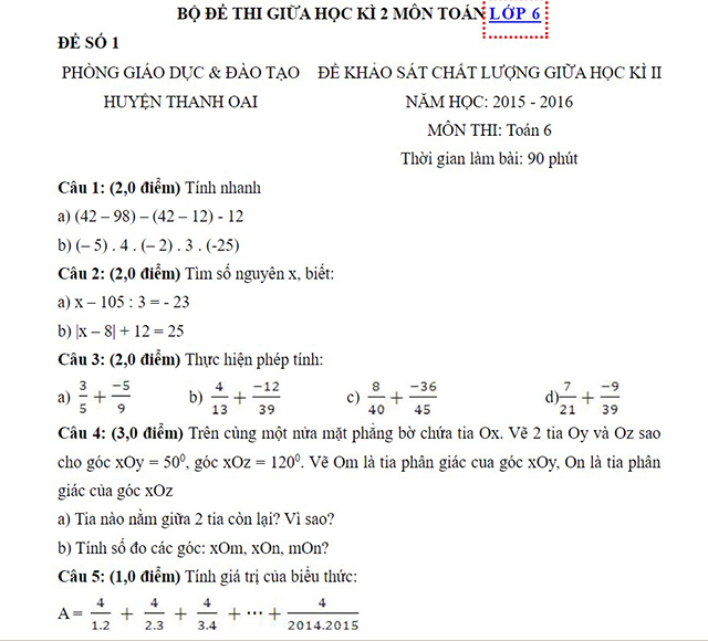 Đề thi toán giữa kì 2 Toán 6-21