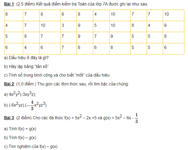 Đề thi toán lớp 7 học kì 2 có đáp án 2