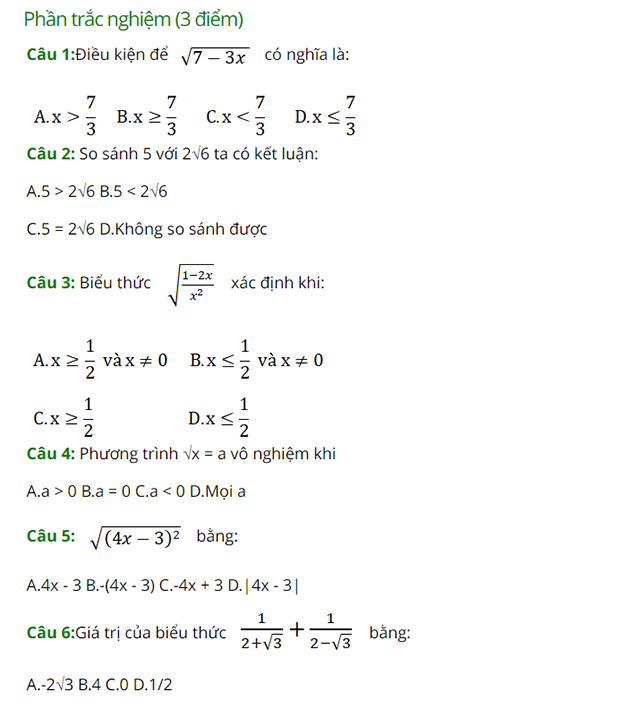 đề kiểm tra chương 1 đại số 9-8